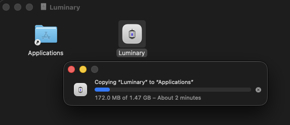 Installing Luminary: the app being copied into the Applications folder