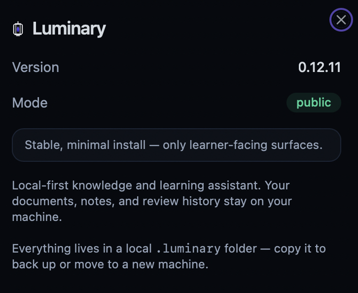 The Luminary About card: version 0.13.1, public mode, and a note that your documents, notes and review history stay on your machine
