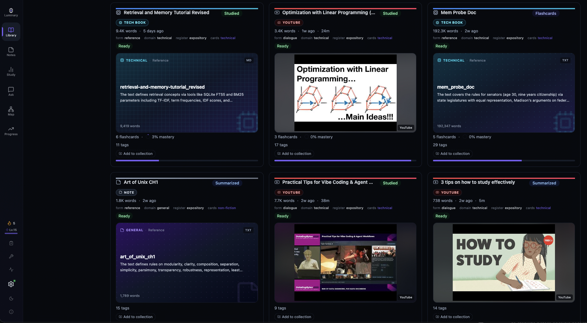 The Luminary Library page: tiles for a tech book, YouTube videos and a note, each with flashcard counts and mastery
