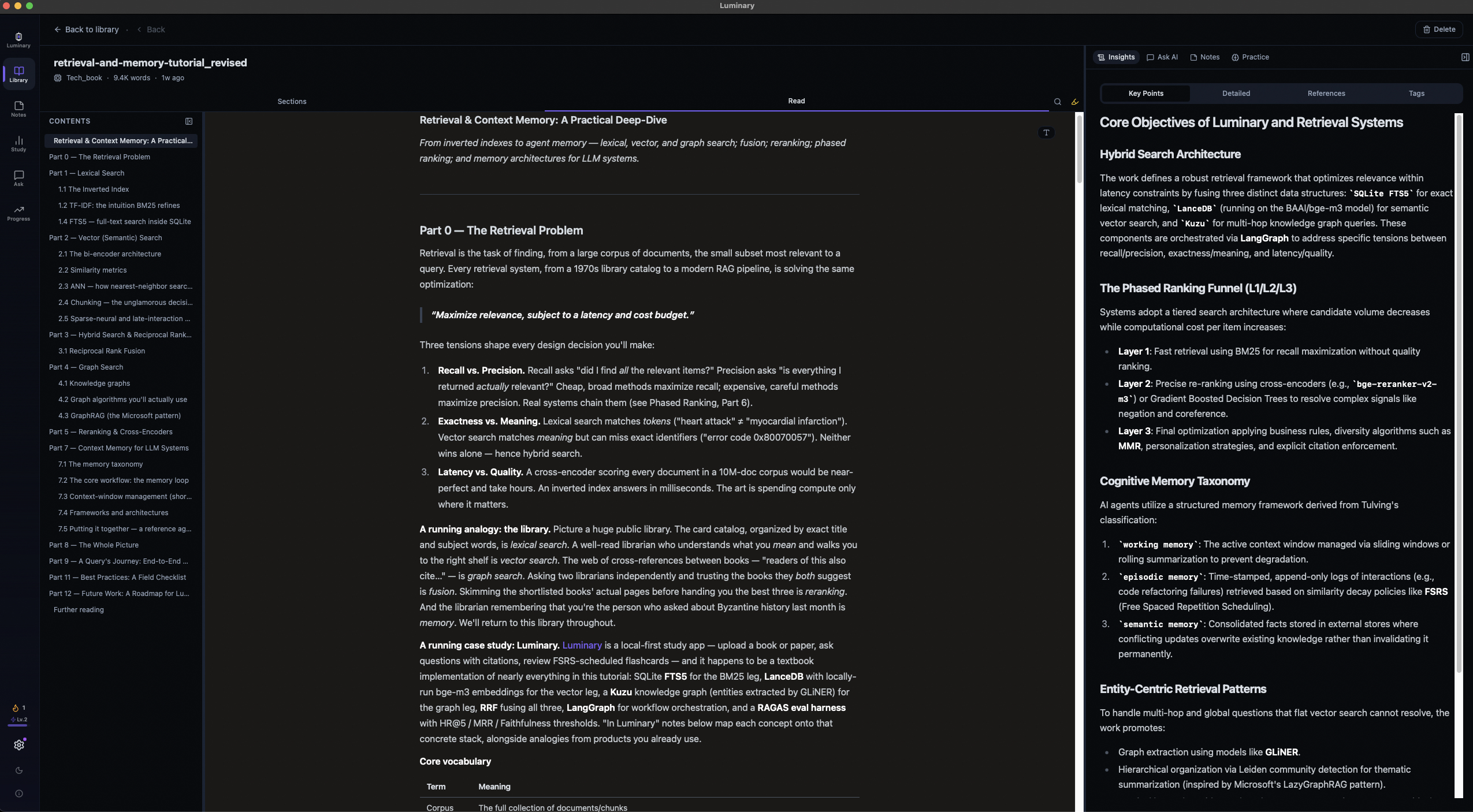 The Luminary reader: contents on the left, the book in the middle, and an Insights panel with Key Points on the right