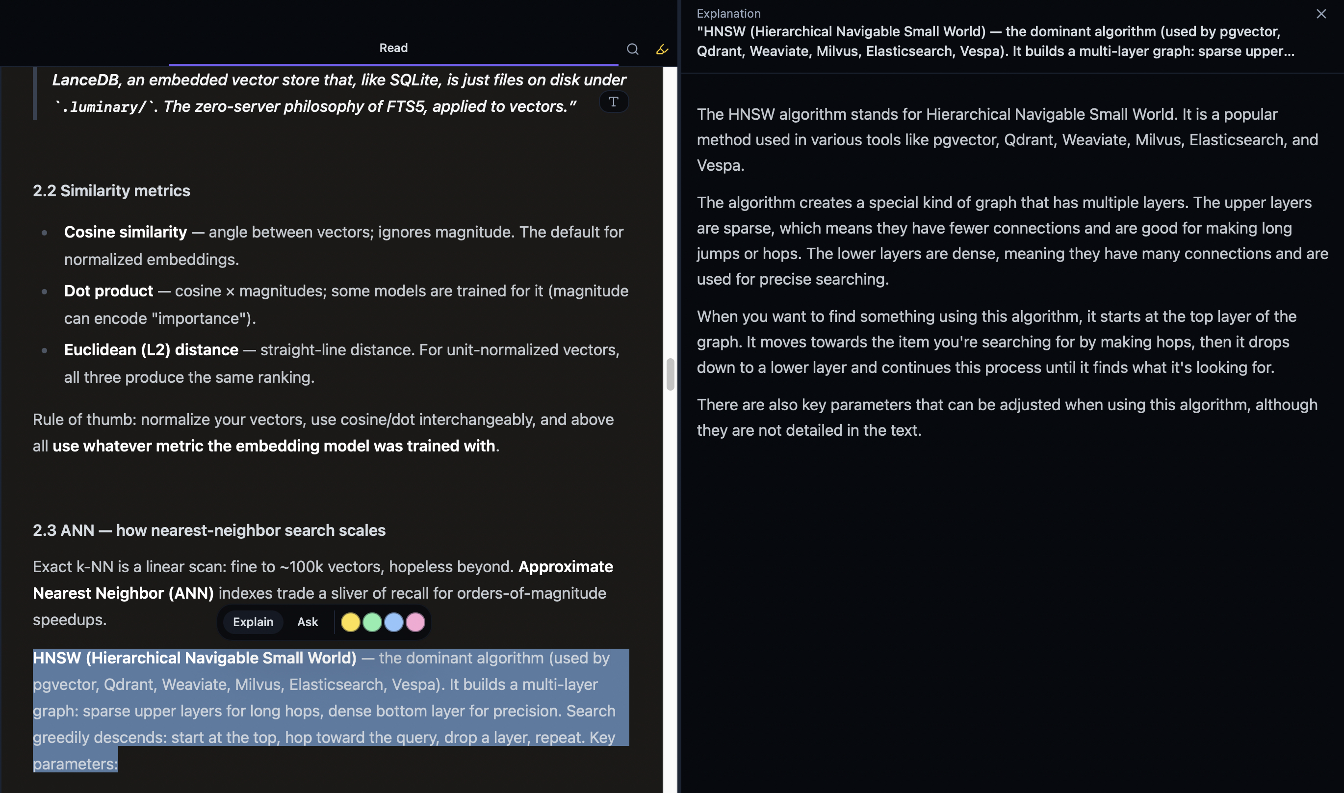 A selected paragraph about HNSW with an Explain button, and a plain-language explanation beside it
